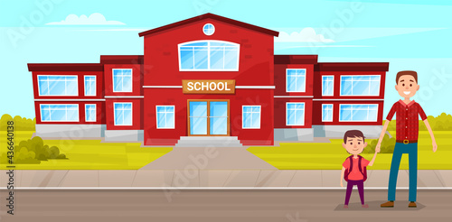 Father is taking his child to school. Dad and son are standing near educational institution by hand. Boy stands with his parent before going to school. Family walking on street before studying