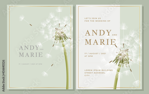 Elegant green engagement invitation template with realistic dandelion in green pastel colors.