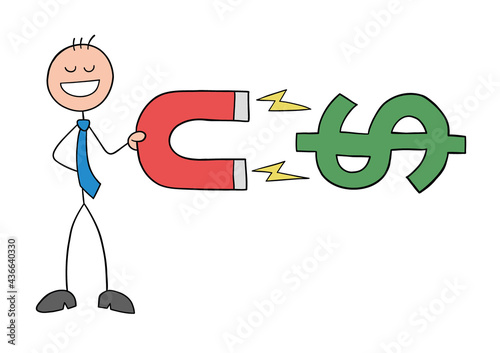 Stickman businessman character holds a magnet and attracts dollars, vector cartoon illustration