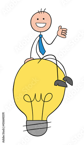 Stickman businessman character happy and sitting on the light bulb idea, vector cartoon illustration