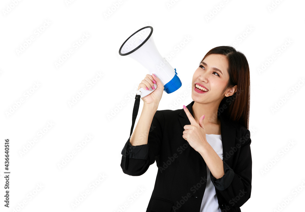 Asian young long brown hair pretty successful secretary businesswoman wears black formal suit hold white and blue megaphone in hand smile happily speak and shout loud noise announce news to public Asian young long brown hair pretty successful secretary businesswoman wears black formal suit hold white and blue megaphone in hand smile happily speak and shout loud noise announce news to public