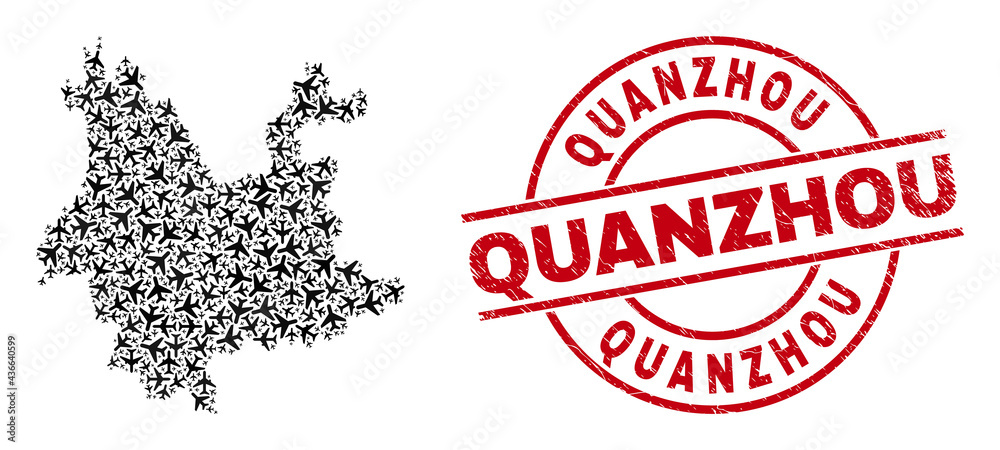 Quanzhou grunged seal stamp, and Yunnan Province map mosaic of airliner items. Mosaic Yunnan Province map created with aircraft. Red stamp with Quanzhou word, and distress rubber texture. Quanzhou grunged seal stamp, and Yunnan Province map mosaic of airliner items. Mosaic Yunnan Province map created with aircraft. Red stamp with Quanzhou word, and distress rubber texture.