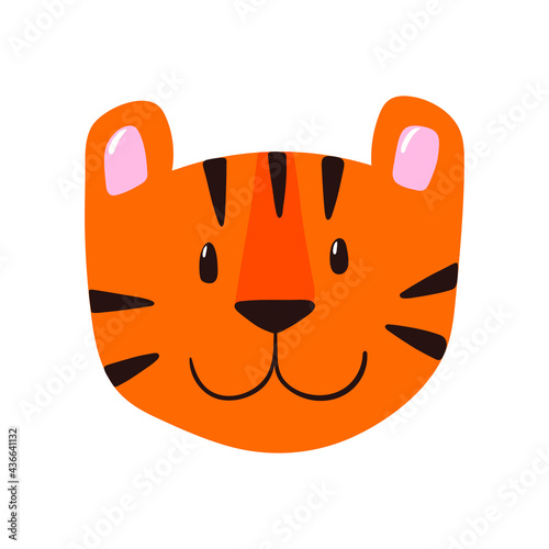 Vector cute orange tiger face clip art. Nursery illustration for posters, cards, baby shower, sublimation, design and decoration. Wild animal image isolated on white background for kids, children.