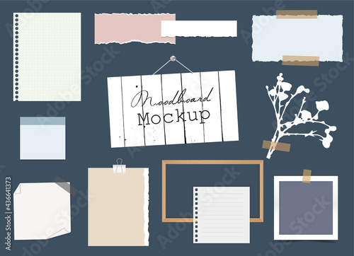 Mood board template with different pieces of torn paper, multi-colored notes on sticky tape, wooden frame, photo card and flower branch. Blank templates for modern design on blue background. EPS10.