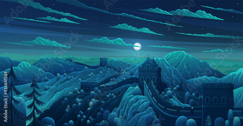 Great Wall of China vector illustration. Chinese famous landmark with watchtowers. Great wall in night. Wall sections on green mountains for travel and tourism, flat style concept