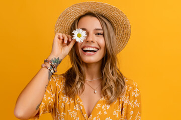 beautiful attractive stylish woman in yellow dress and straw hat