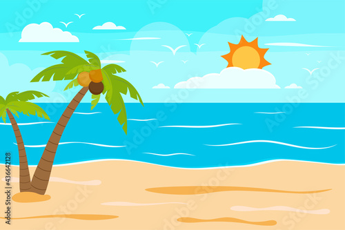 Fototapeta Naklejka Na Ścianę i Meble -  Cartoon summer beach, seaside natural vacation, tropical beach, seaside scenery background vector illustration