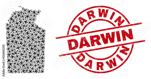 Darwin grunge seal stamp, and Australian Northern Territory map collage of aviation elements. Collage Australian Northern Territory map designed with aircraft. Red stamp with Darwin caption,