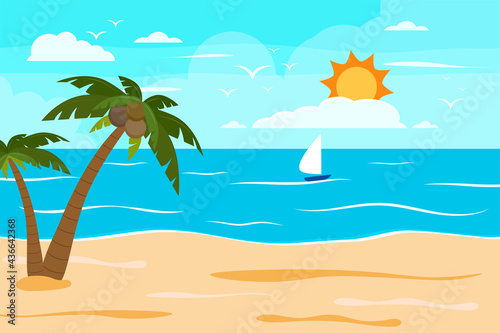 Fototapeta Naklejka Na Ścianę i Meble -  Cartoon summer beach, seaside natural vacation, tropical beach, seaside scenery background vector illustration