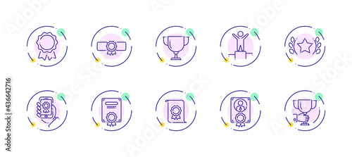 10 in 1 vector icons set related to winner award theme. Violet lineart vector icons
