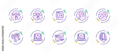 10 in 1 vector icons set related to business survey theme. Violet lineart vector icons