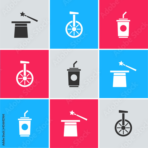 Set Magic hat and wand, Unicycle or one wheel bicycle and Paper glass with water icon. Vector
