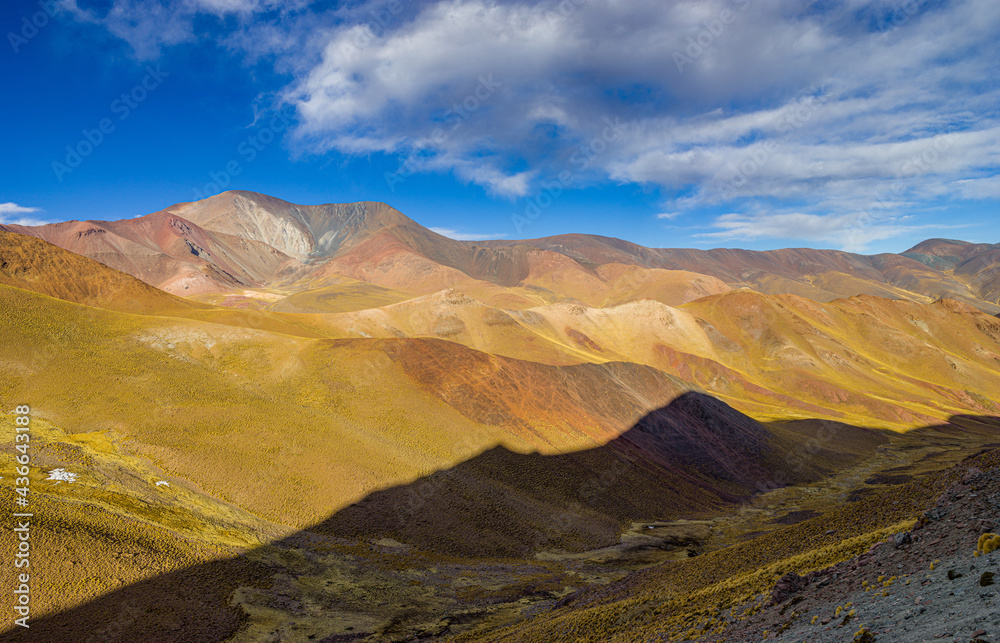 Mountain landscape at the Acay pass (Abra del Acay) with the volcano Nevado de Acay in the andes mountain range in northwest Argentina