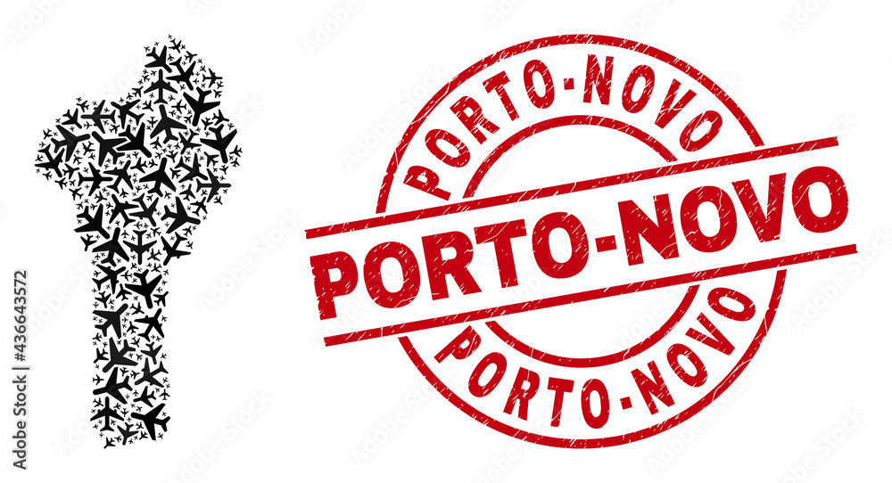 Porto-Novo grunge stamp, and Benin map collage of air plane items. Mosaic Benin map created with air force symbols. Red stamp with Porto-Novo caption, and grunge rubber texture. Porto-Novo grunge stamp, and Benin map collage of air plane items. Mosaic Benin map created with air force symbols. Red stamp with Porto-Novo caption, and grunge rubber texture.