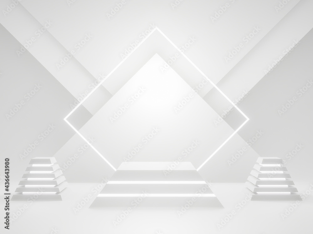 Fototapeta premium 3D rendered white geometric product stand and lights
