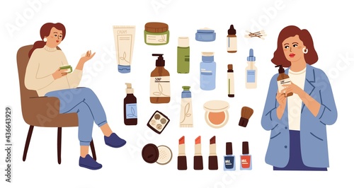 Skin care cosmetics. Beauty cleaning cosmetic, lotion cream bottle. Female touch face tonic or soap, women salon customer characters vector set