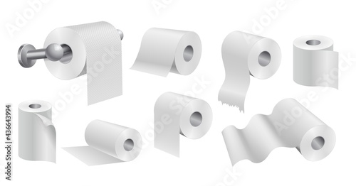 White toilet paper rolls. Realistic papers, isolated sanitary kitchen towels. Soft hygiene vector set