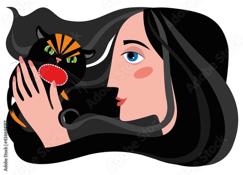 Profile of a girl holding a meowing little black cat in her arms
