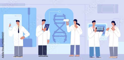 Chemistry lab characters. Researcher scientists, research in laboratory biochemistry. Medical doctor scientist with equipment utter vector concept