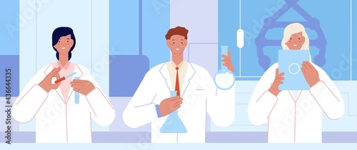 Scientists working. Flat research medical lab, science laboratory. Doctors work, chemistry scientist testing with equipment utter vector concept