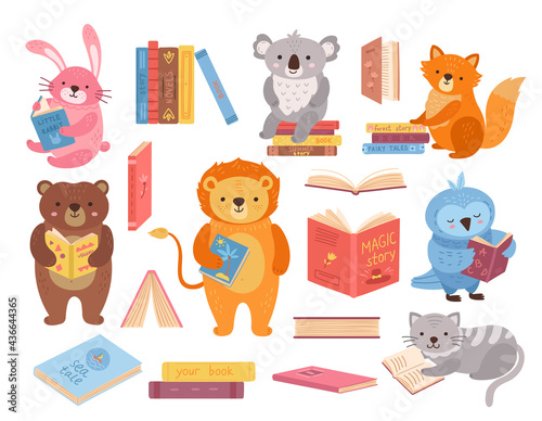 Cute animals with books. Animal read, book stacks. School study characters, bird rabbit bear in library. Children education exact vector set
