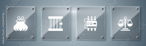 Set Scales of justice, Dynamite and timer clock, Prison window and Wallet. Square glass panels. Vector