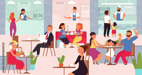 Food court. Mall cafe interior, eat people crowd. Women eating, drink coffee tea. Family having lunch. Business meet on buffet decent vector concept