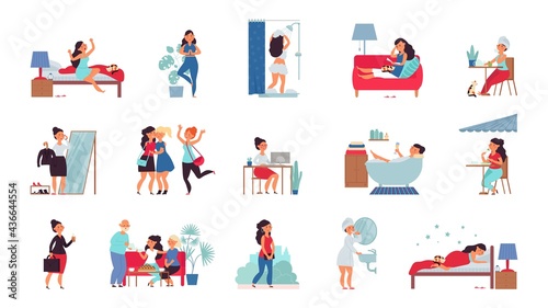 Girl daily life. Eating, hygiene in bathroom work. Woman meets friends, lifestyle routine. Cartoon female with family, on shopping or cafe decent vector set