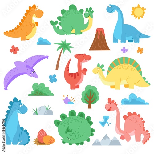 Cartoon dinosaur. Cute colors dino, dinosaurs wildlife animals. Predator funny characters. Childish dragons volcano palms decent vector set