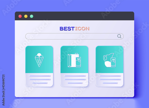 Set Paper package for milk, Ice cream in waffle cone and Milk jug pitcher and glass icon. Vector