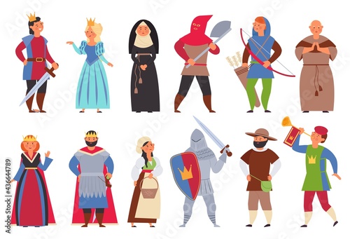 Medieval characters. Flat knight, man king and princess. Cute boy, actors in costumes. Cartoon peasant archer, decent historical vector persons