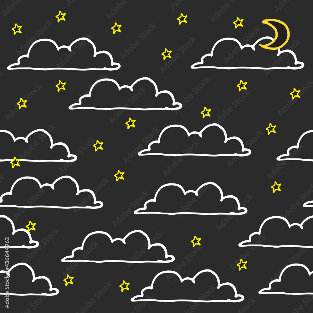 seamless pattern with clouds with stars and crescent moon isolated on ...