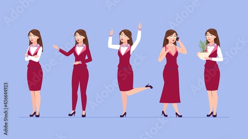 Cartoon woman different clothes. Business women, dressed in suit skirt dress. Elegant lagy, female sexy vector character