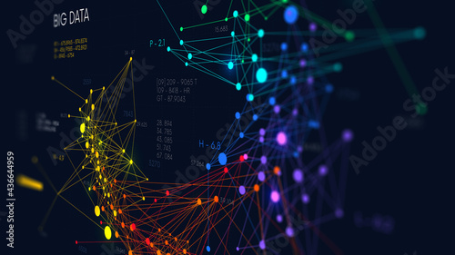 Analysis and sorting financial big data, digital visualization information networks flow, abstract color infographics, monitor screen in perspective photo