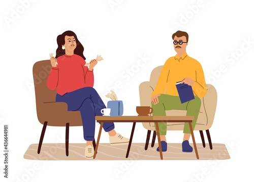 Female crying at psychotherapist. Depression, therapy support. Woman need professional help psychotherapy. Problems and tired, sadness vector concept