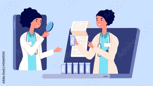 Online medical conferences. Medicals look new medications. Pharmaceutical presentation drugs on webinar for doctors. Hospital video call or telemedicine vector concept