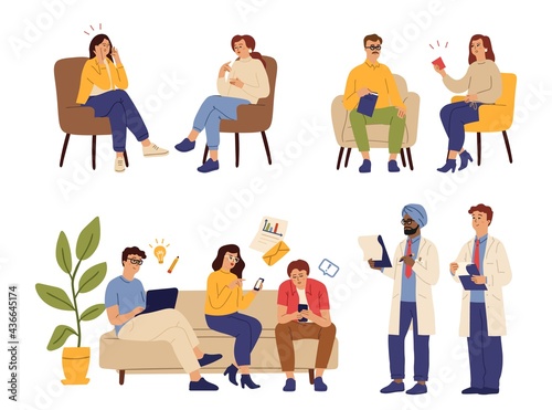 Psychotherapy concept. Doctor consulting, personal and group therapy. Gadget, social network and work addiction. People at psychotherapist vector set