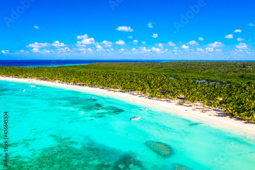 Fototapeta Naklejka Na Ścianę i Meble -  Paradise tropical island nature background. Top aerial drone view of beautiful beach with turquoise sea water, boats and palm trees. Saona island, Dominican republic.