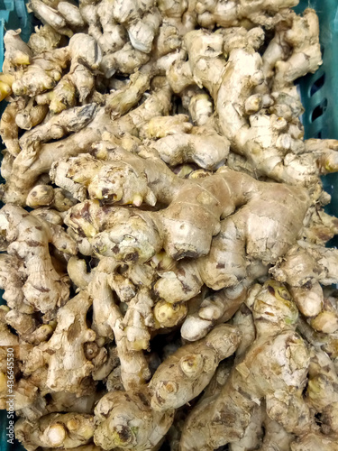Stack of fresh ginger in food ingredient market