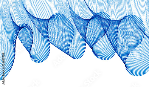 Wave of flowing particles modern relaxing illustration, transparent tulle textile on wind. Round dots vector abstract background. Beautiful wave shaped array of blended points.