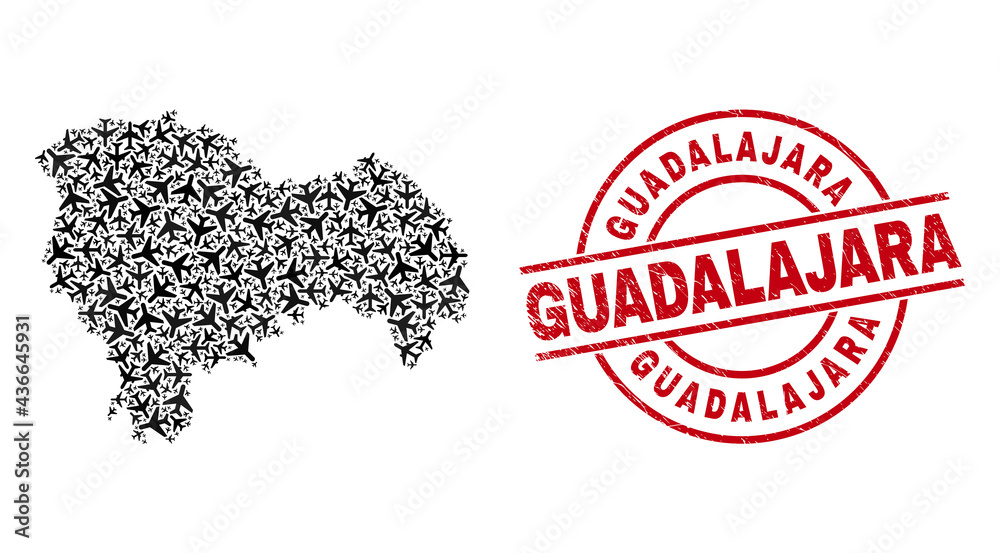 Guadalajara rubber stamp, and Guadalajara Province map collage of air plane items. Collage Guadalajara Province map created with aviation items. Red stamp with Guadalajara caption, Guadalajara rubber stamp, and Guadalajara Province map collage of air plane items. Collage Guadalajara Province map created with aviation items. Red stamp with Guadalajara caption,