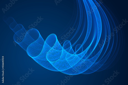 Wave of flowing particles over dark abstract vector magic background, smooth curvy shape dots transparent tulle textile on wind. 3d shape dots blended mesh, relaxing wallpaper.