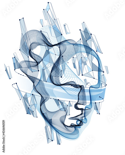 Technological time Spirit vector visualization in shape of human head made of dotted particles array flow in curve shapes, vector futuristic illustration.