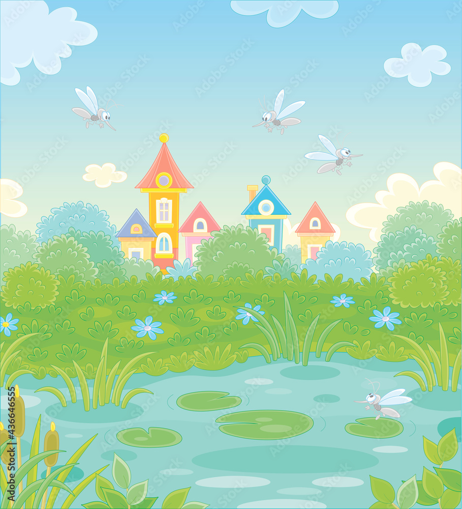 Angry grey mosquitoes flying and humming around a small pond in a green summer park of a pretty town, vector cartoon illustration