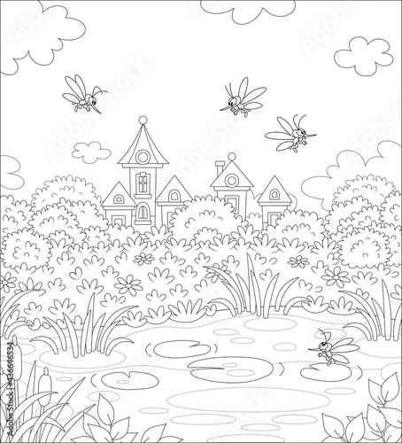 Angry mosquitoes flying and humming around a small pond in a summer park of a pretty town, black and white outline vector cartoon illustration for a coloring book page