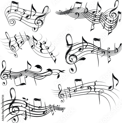 Monochrome tangled musical scores. Artistic notes and staves ending with a leaf. Vector set of musical scores.