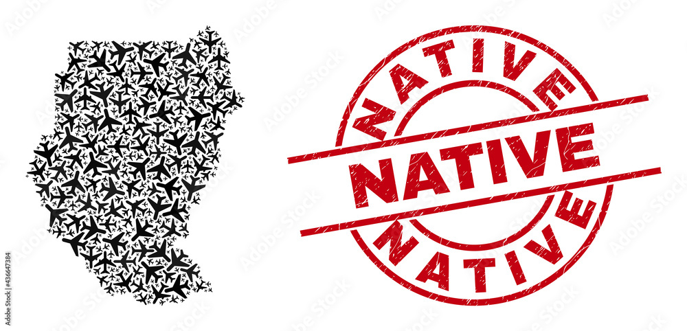 Native grunged stamp, and Sudan map collage of airliner items. Collage Sudan map designed with aviation items. Red stamp with Native text, and corroded rubber texture. Abstraction for flight posters.