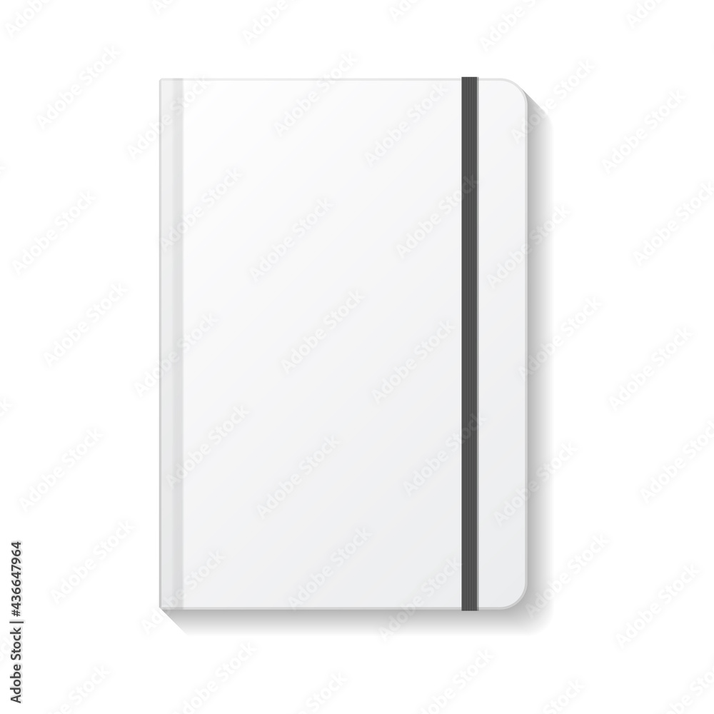 Blank white book or notebook rounded edges with black elastic top view mockup template. Blank white book or notebook rounded edges with black elastic top view mockup template.