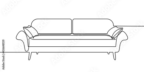 Sofa in continuous line art drawing style. Couch with two pillows. Home furniture black linear design isolated on white background. Vector illustration