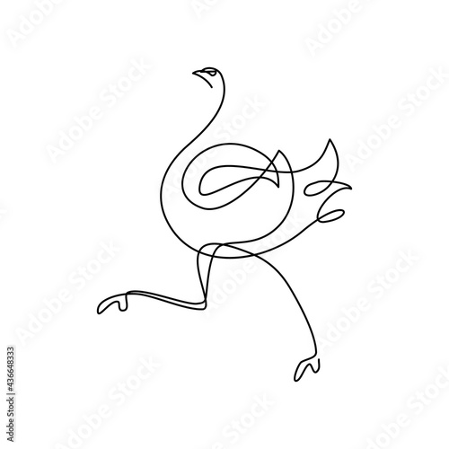 Running ostrich in continuous line art drawing style. Funny ostrich bird fast running in a hurry. Minimalist black linear design isolated on white background. Vector illustration
